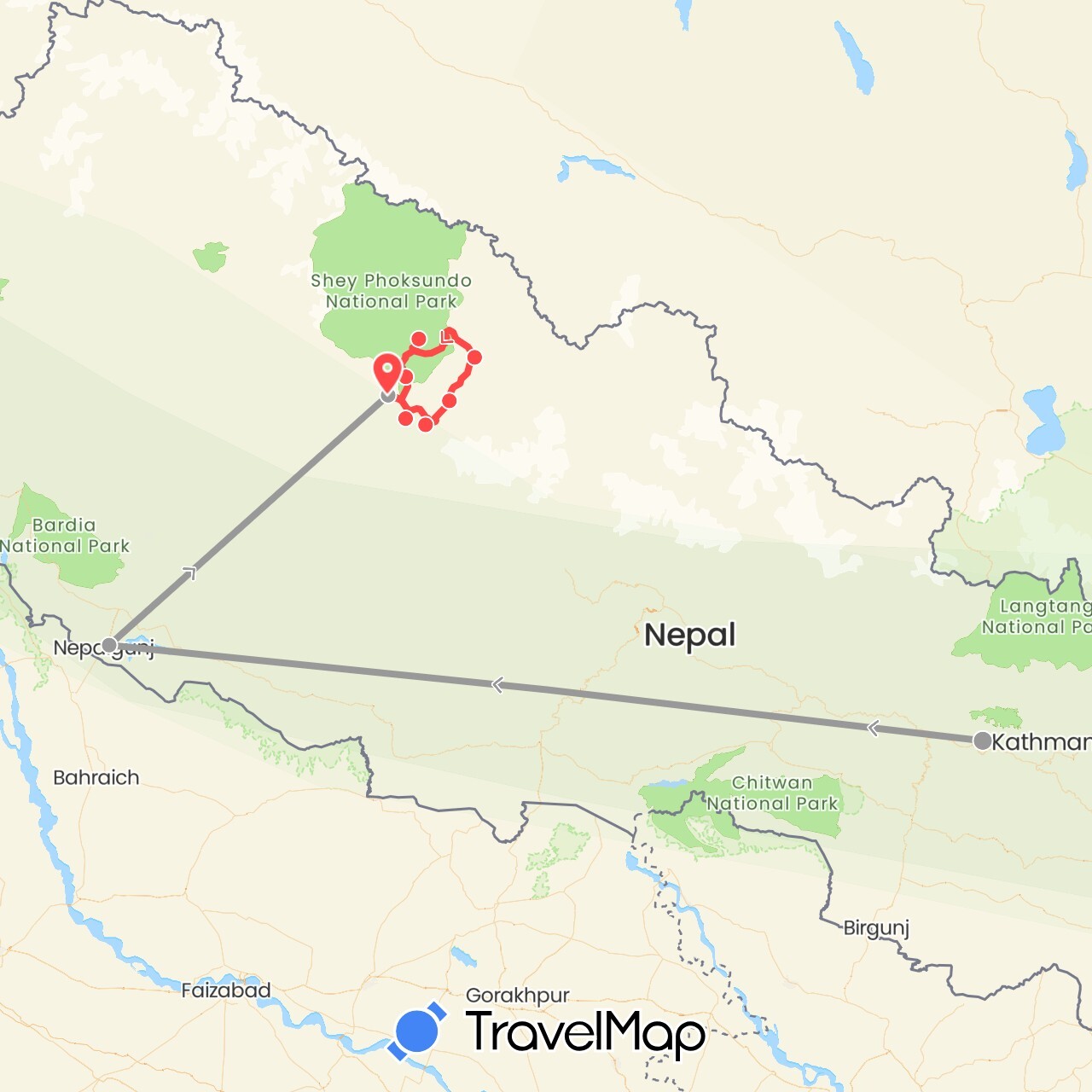 TravelMap itinerary: driving, plane, hiking in Nepal (Asia)