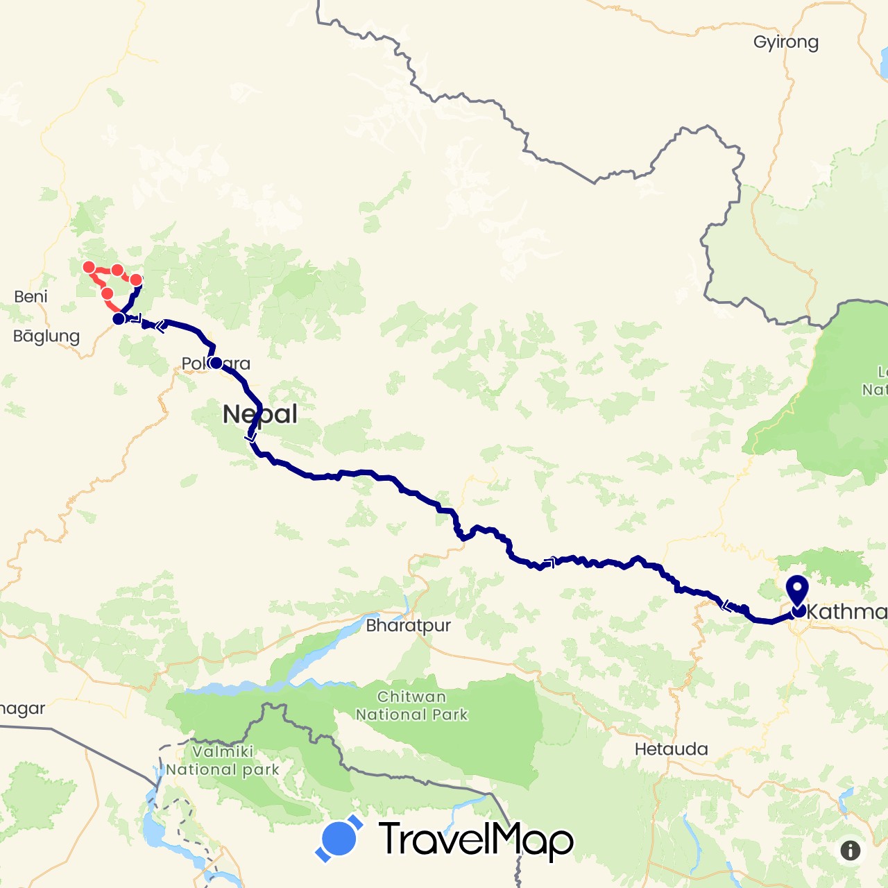 TravelMap itinerary: driving, hiking in Nepal (Asia)