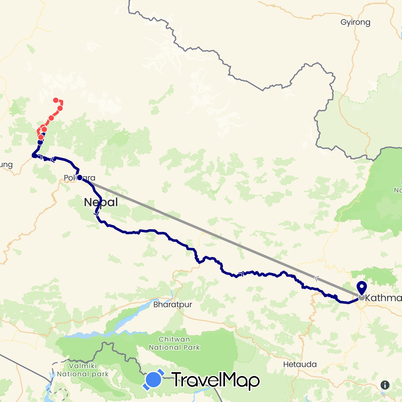 TravelMap itinerary: driving, plane, hiking in Nepal (Asia)