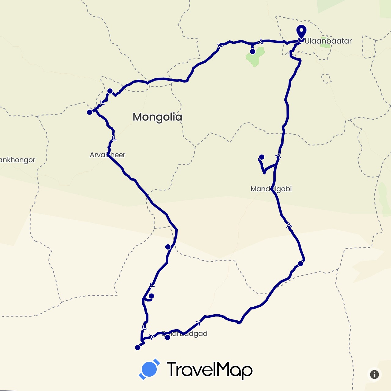 TravelMap itinerary: driving in Mongolia (Asia)