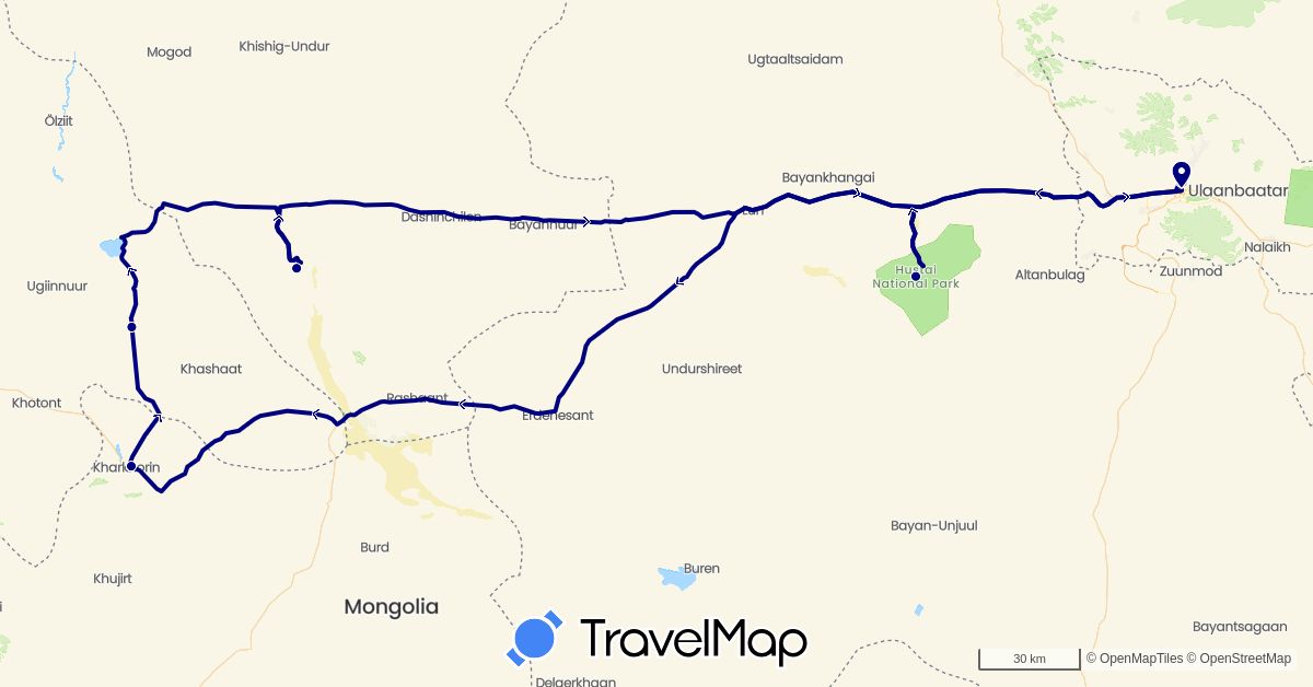TravelMap itinerary: driving in Mongolia (Asia)