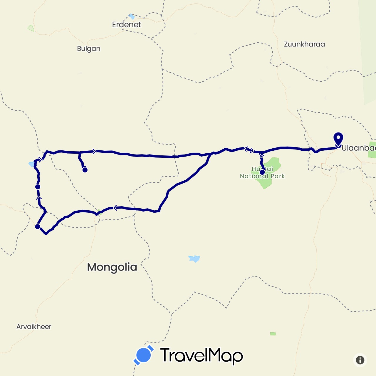 TravelMap itinerary: driving in Mongolia (Asia)