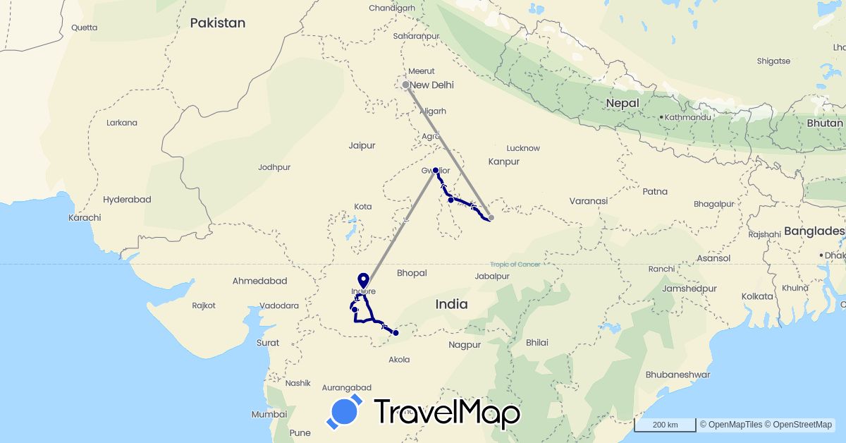TravelMap itinerary: driving, plane in India (Asia)