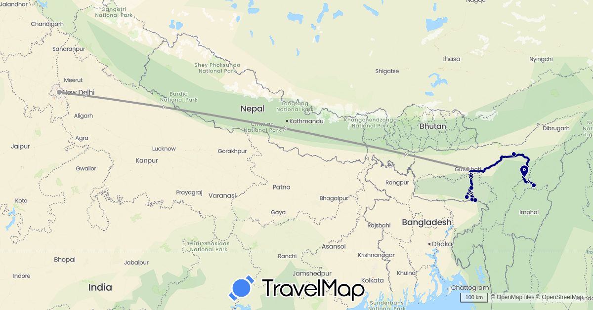 TravelMap itinerary: driving, plane in India (Asia)