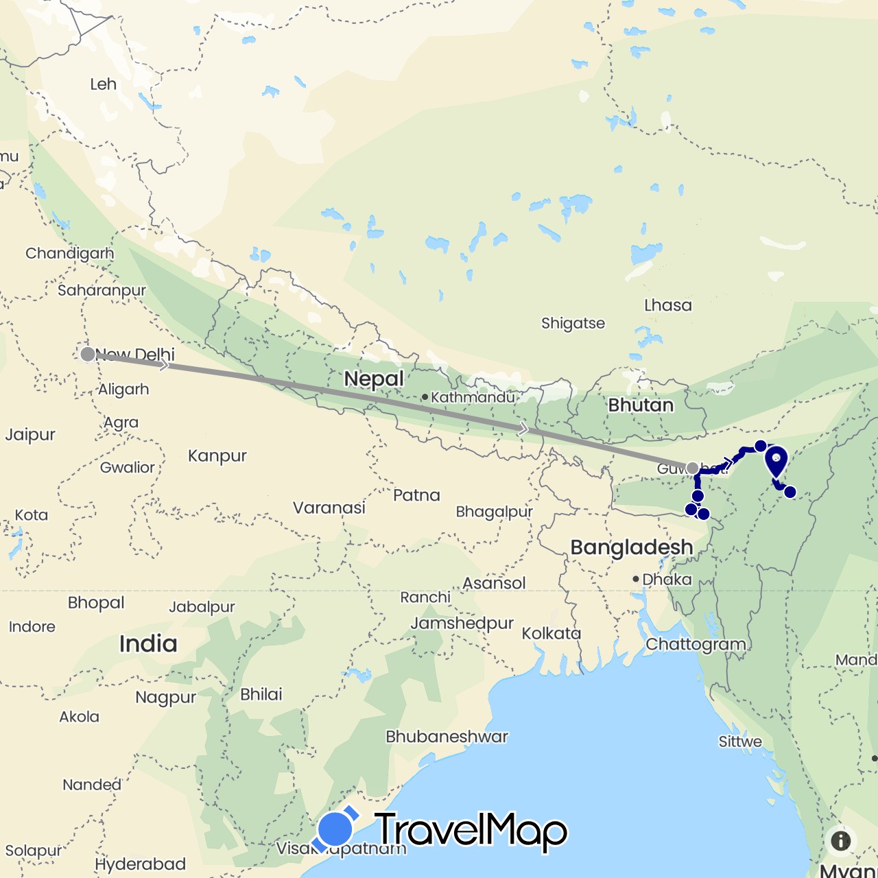 TravelMap itinerary: driving, plane in India (Asia)