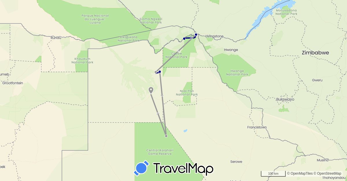 TravelMap itinerary: driving, plane in Botswana (Africa)