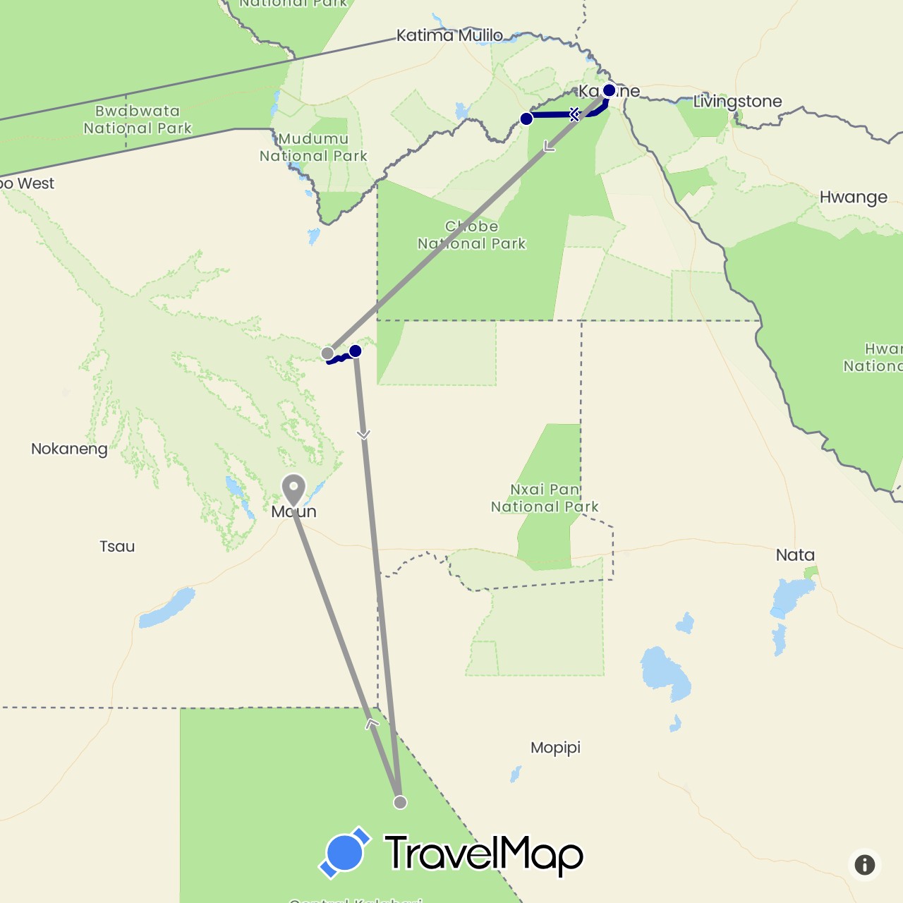 TravelMap itinerary: driving, plane in Botswana (Africa)