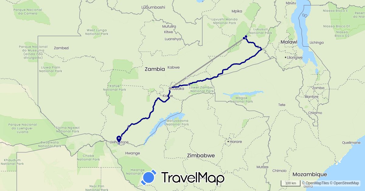 TravelMap itinerary: driving, plane in Zambia (Africa)