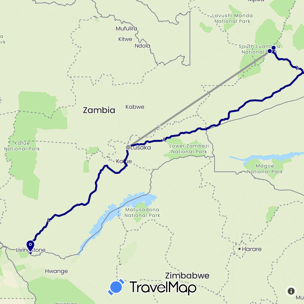 TravelMap itinerary: driving, plane in Zambia (Africa)