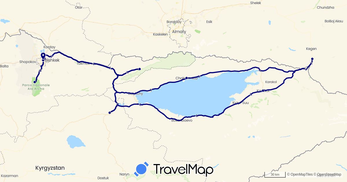 TravelMap itinerary: driving in Kyrgyzstan, Kazakhstan (Asia)