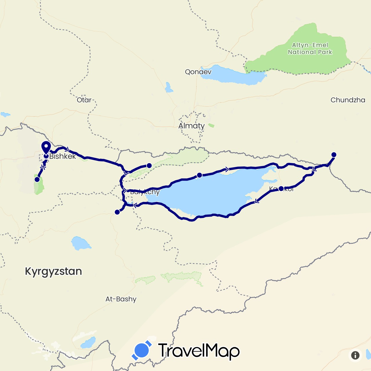 TravelMap itinerary: driving in Kyrgyzstan, Kazakhstan (Asia)
