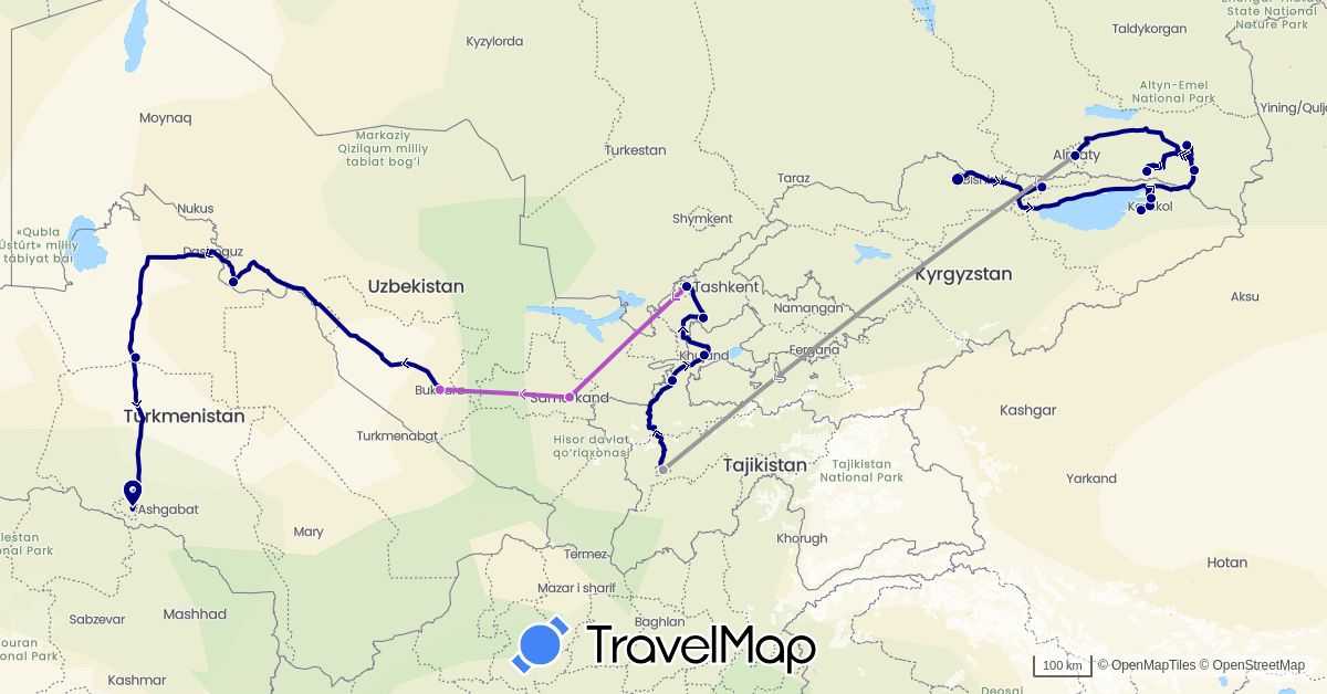 TravelMap itinerary: driving, plane, train in Kyrgyzstan, Kazakhstan, Tajikistan, Turkmenistan, Uzbekistan (Asia)