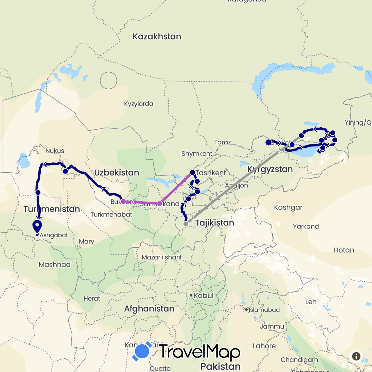 TravelMap itinerary: driving, plane, train in Kyrgyzstan, Kazakhstan, Tajikistan, Turkmenistan, Uzbekistan (Asia)