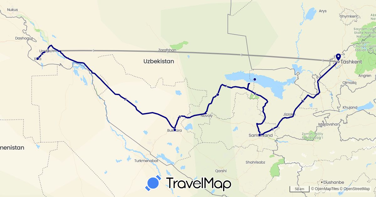 TravelMap itinerary: driving, plane in Uzbekistan (Asia)