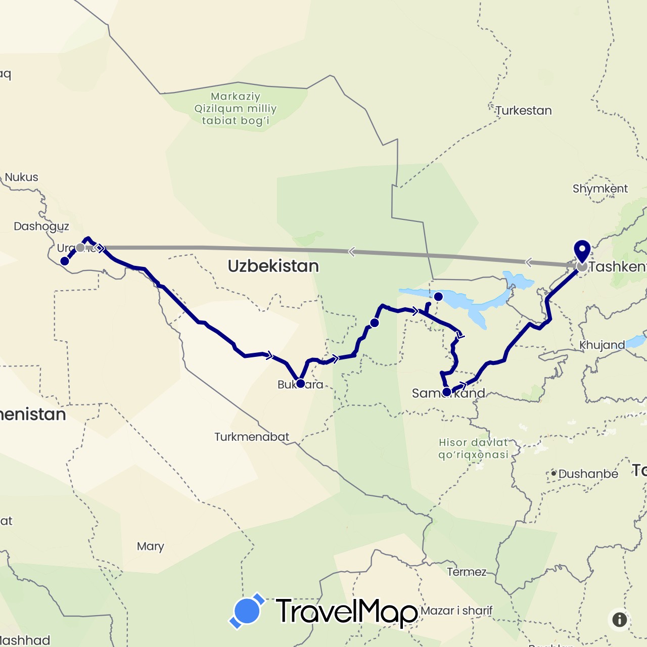 TravelMap itinerary: driving, plane in Uzbekistan (Asia)