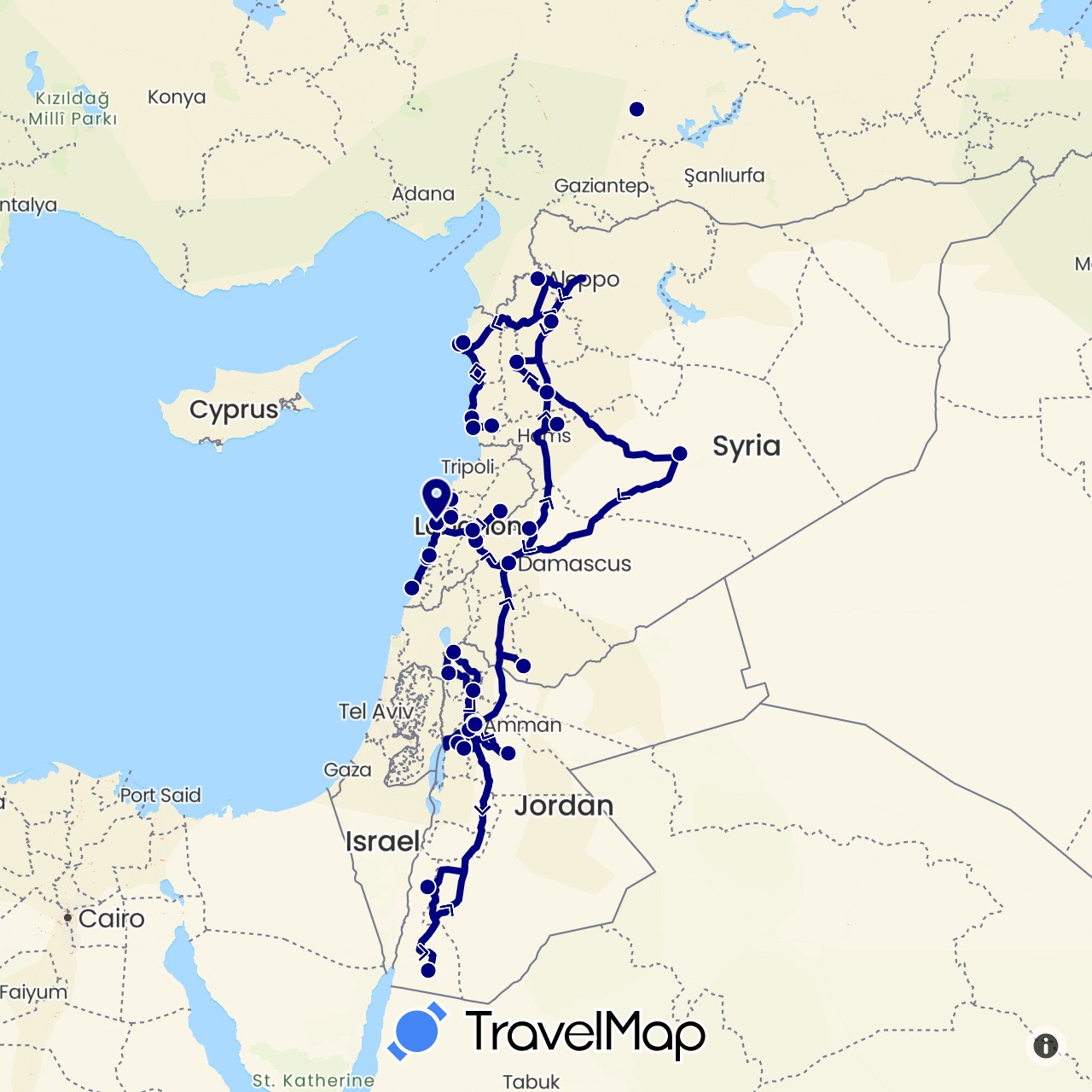 TravelMap itinerary: driving in Jordan, Lebanon, Syria (Asia)