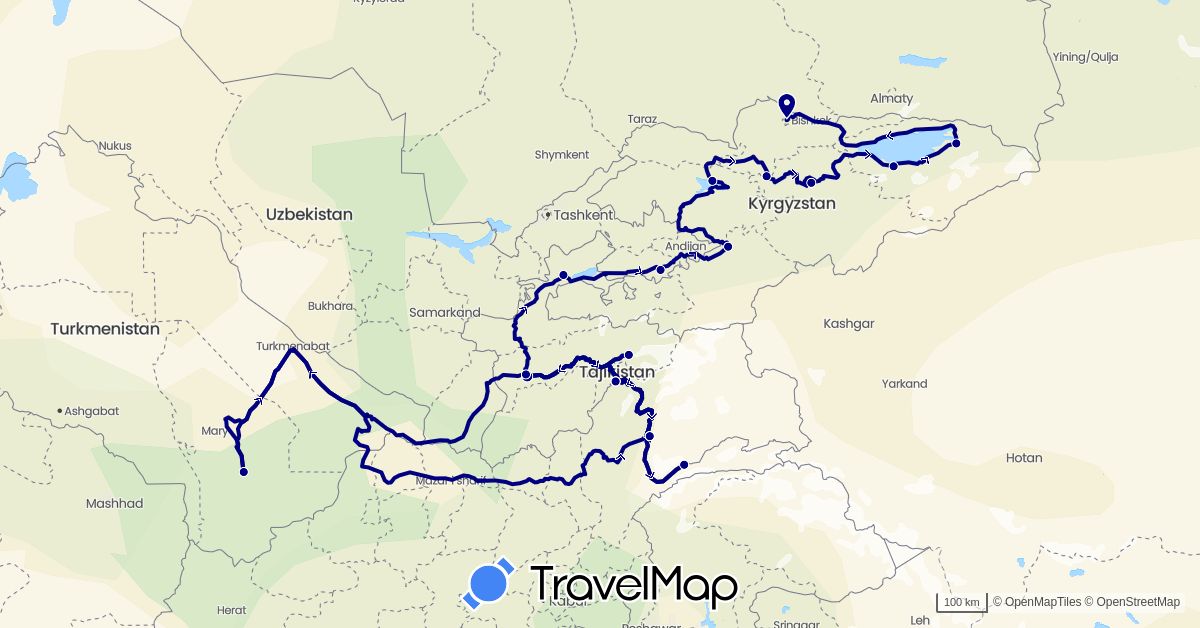 TravelMap itinerary: driving in Kyrgyzstan, Tajikistan, Turkmenistan, Uzbekistan (Asia)