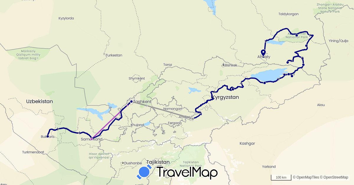 TravelMap itinerary: driving, plane, train in Kyrgyzstan, Kazakhstan, Uzbekistan (Asia)