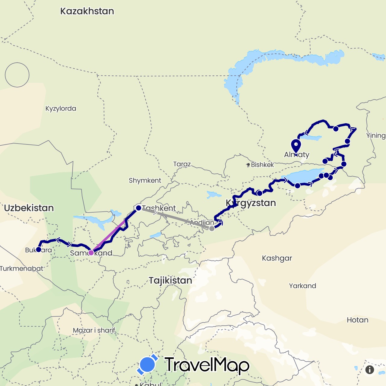 TravelMap itinerary: driving, plane, train in Kyrgyzstan, Kazakhstan, Uzbekistan (Asia)