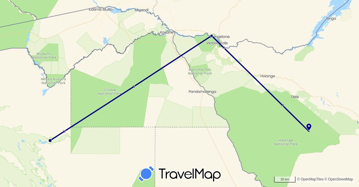 TravelMap itinerary: driving in Botswana, Zambia, Zimbabwe (Africa)