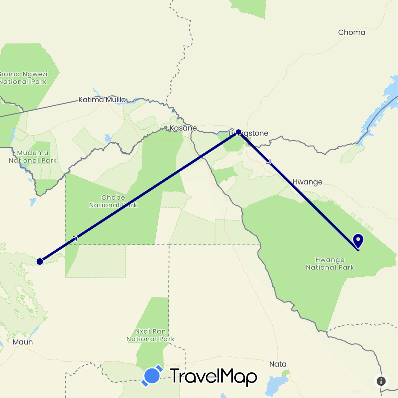 TravelMap itinerary: driving in Botswana, Zambia, Zimbabwe (Africa)