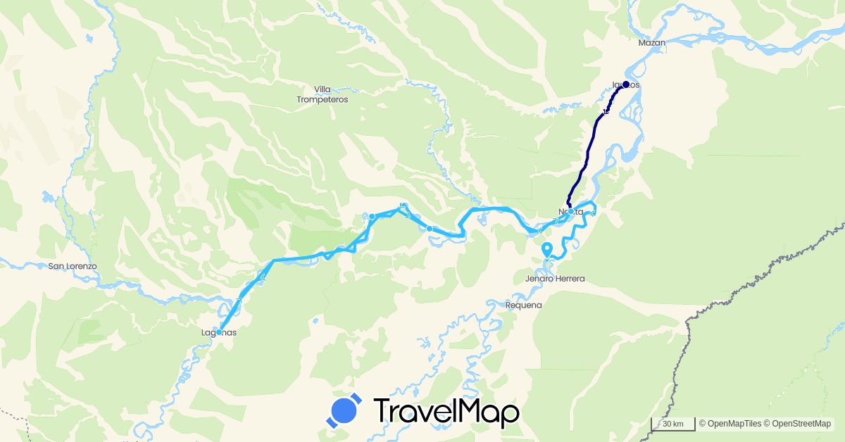 TravelMap itinerary: driving, boat in Peru (South America)