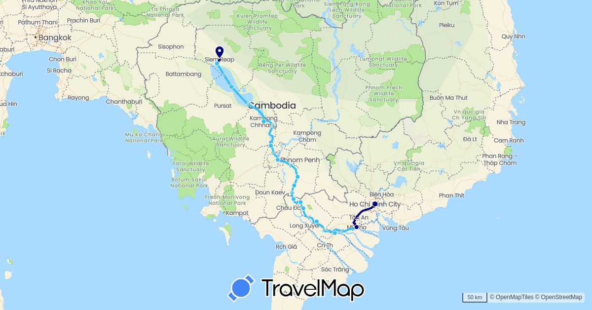 TravelMap itinerary: driving, boat in Cambodia, Vietnam (Asia)