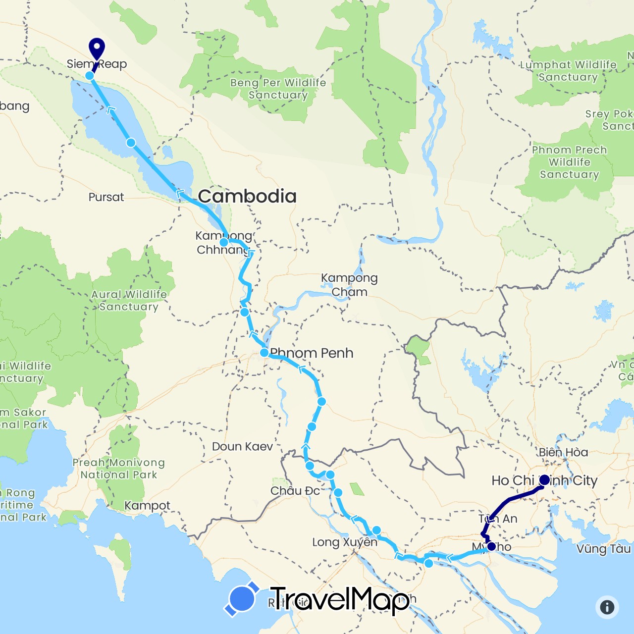 TravelMap itinerary: driving, boat in Cambodia, Vietnam (Asia)