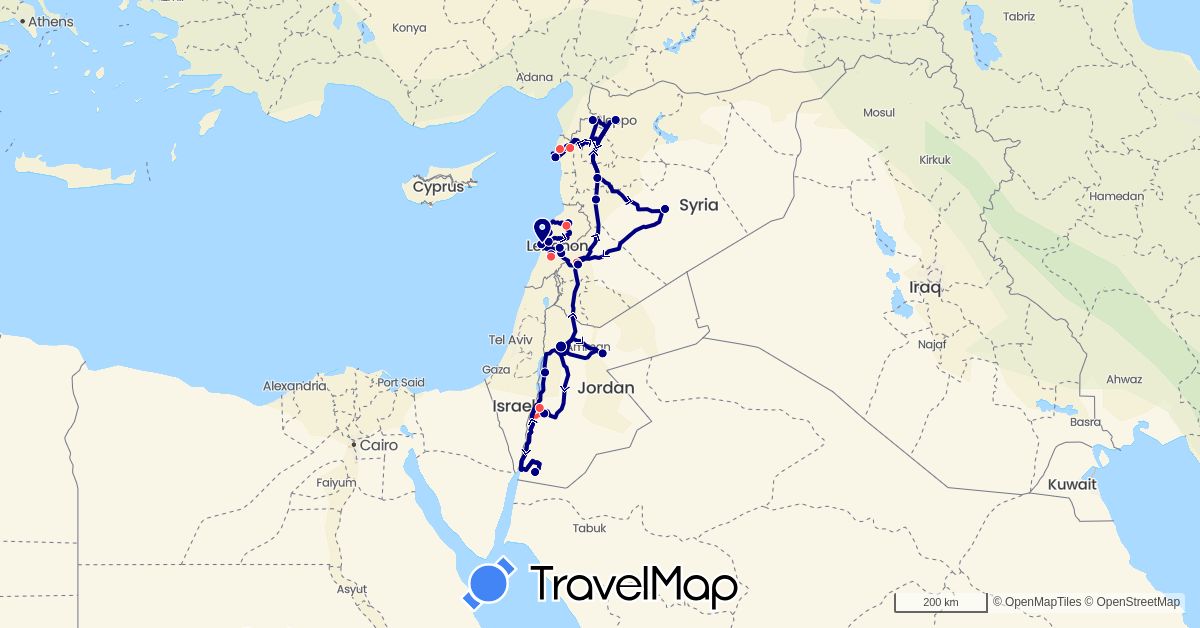TravelMap itinerary: driving, hiking in Jordan, Lebanon, Syria (Asia)