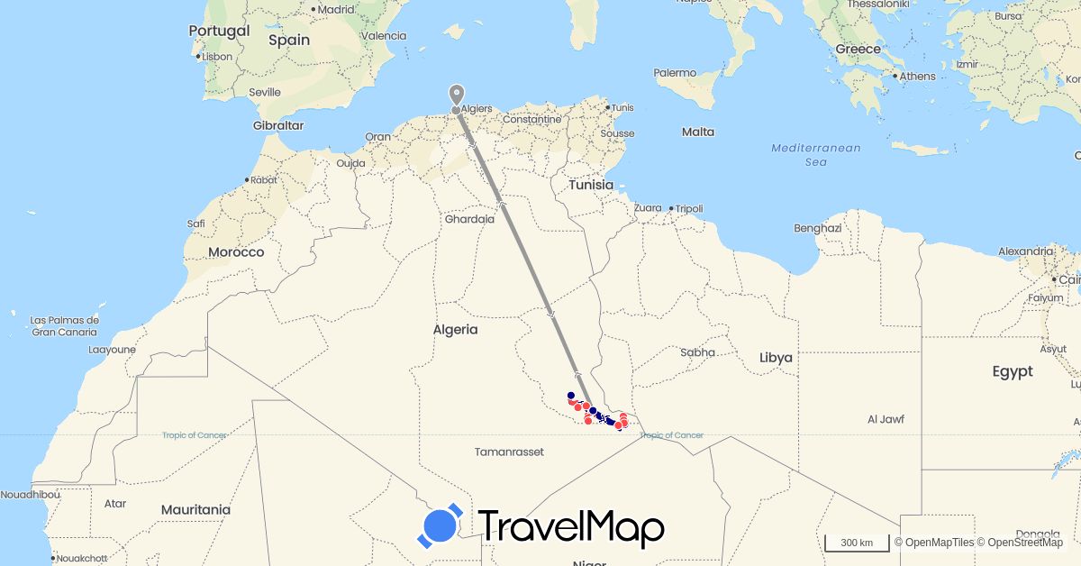 TravelMap itinerary: driving, plane, hiking in Algeria (Africa)