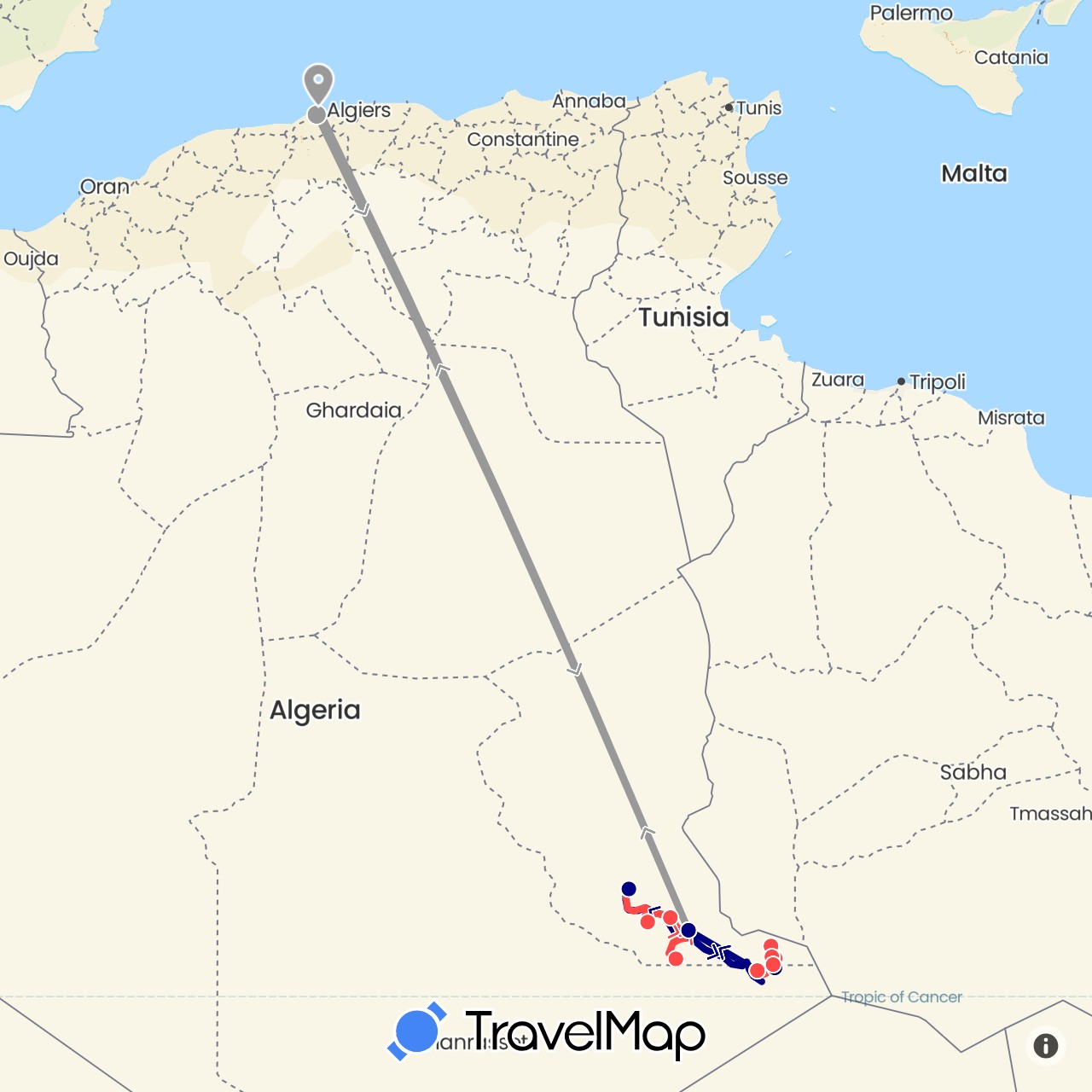 TravelMap itinerary: driving, plane, hiking in Algeria (Africa)