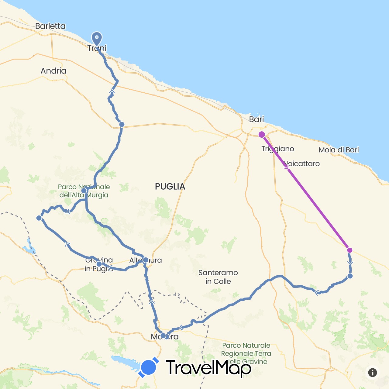 TravelMap itinerary: driving, cycling, train in Italy (Europe)