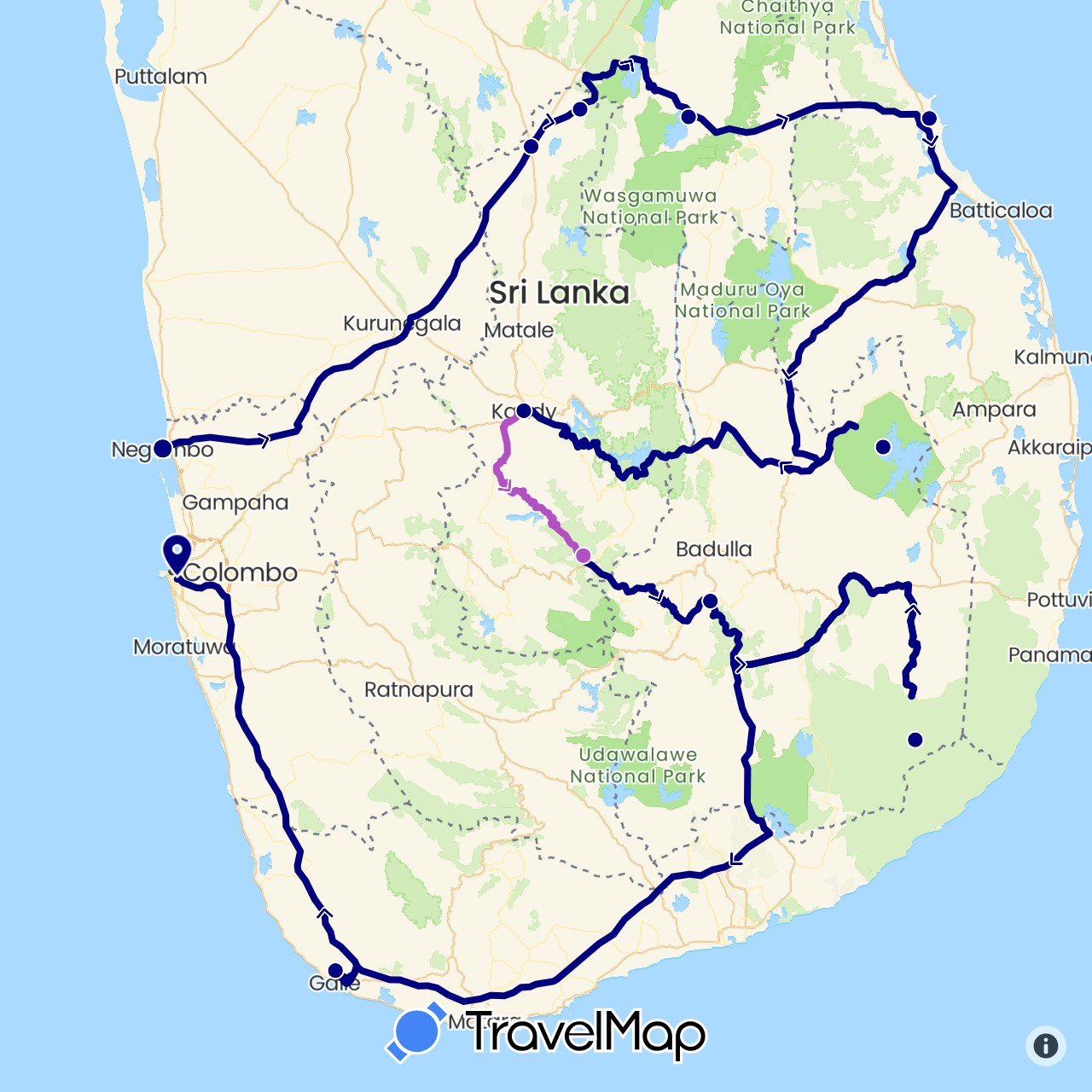 TravelMap itinerary: driving, train in Sri Lanka (Asia)