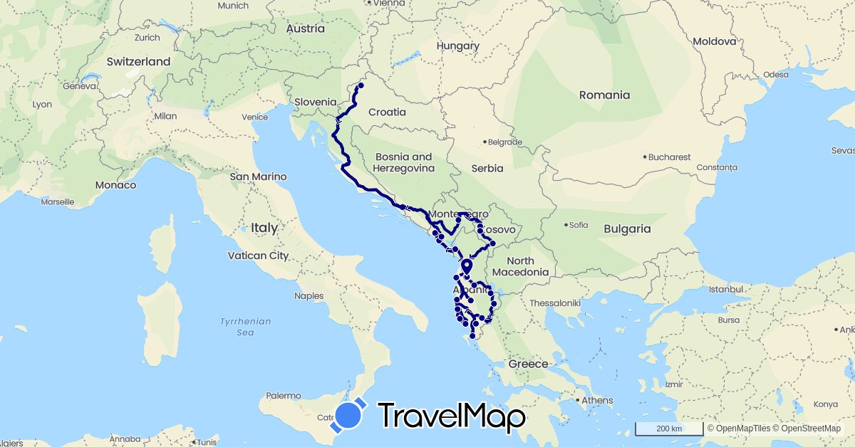 TravelMap itinerary: driving in Albania, Croatia, Montenegro, Kosovo (Europe)