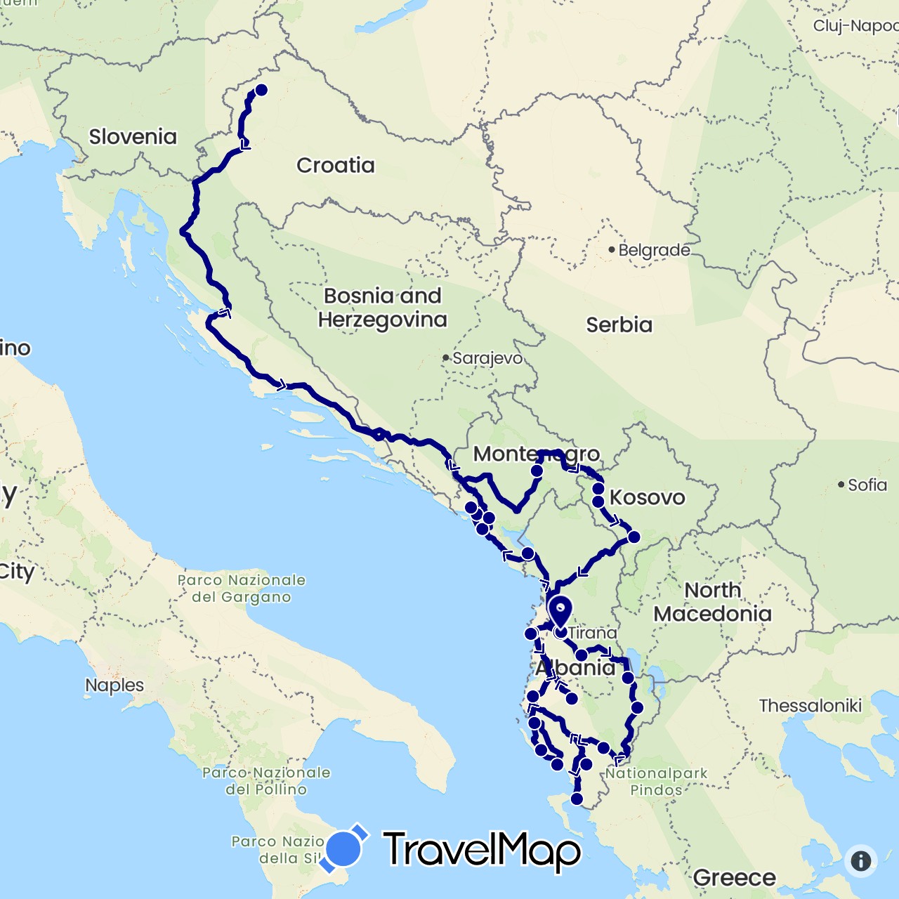 TravelMap itinerary: driving in Albania, Croatia, Montenegro, Kosovo (Europe)