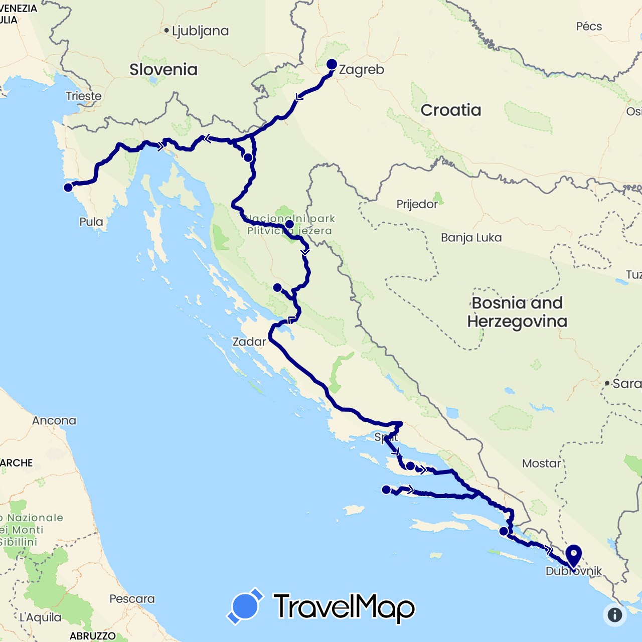 TravelMap itinerary: driving in Croatia (Europe)