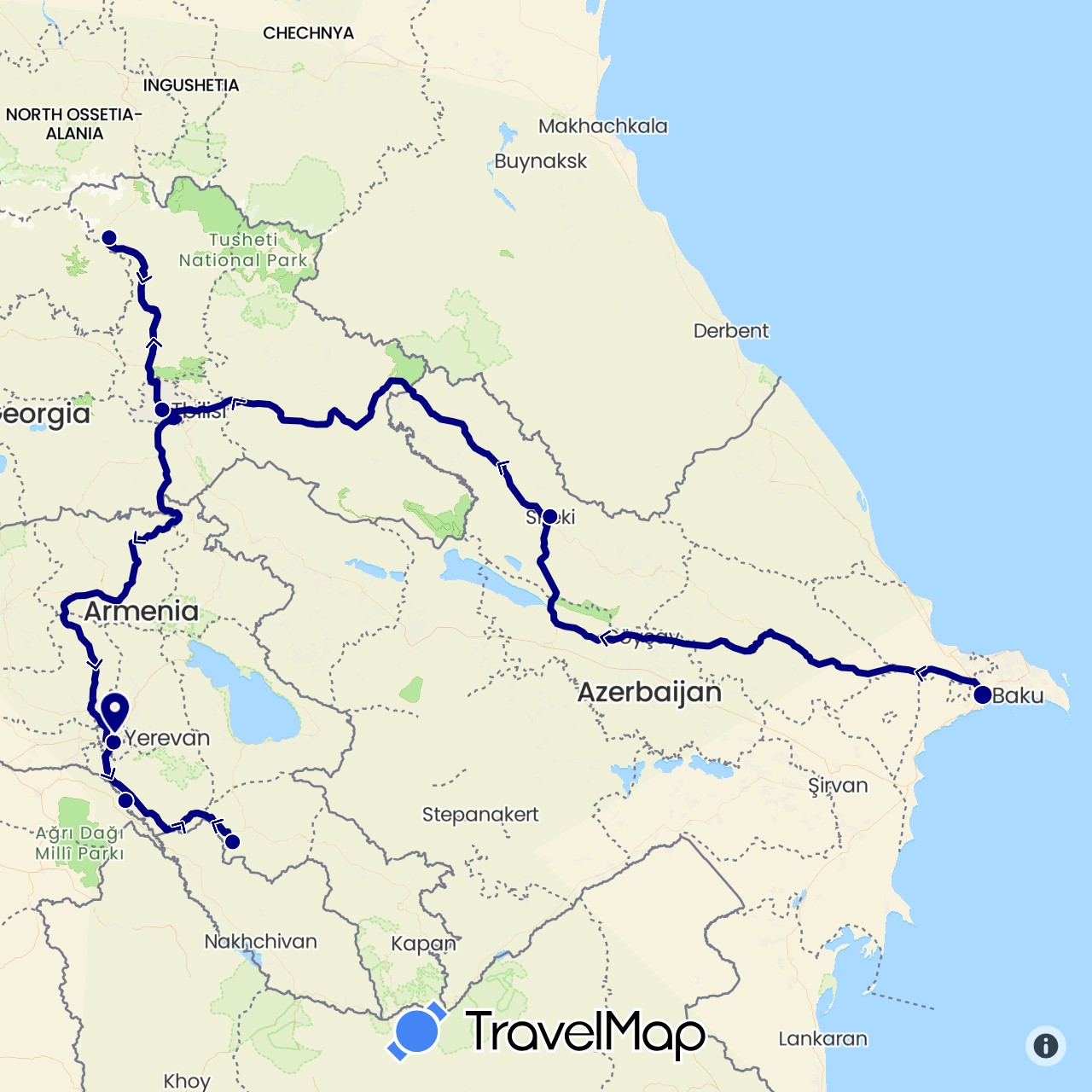TravelMap itinerary: driving in Armenia, Azerbaijan, Georgia (Asia)