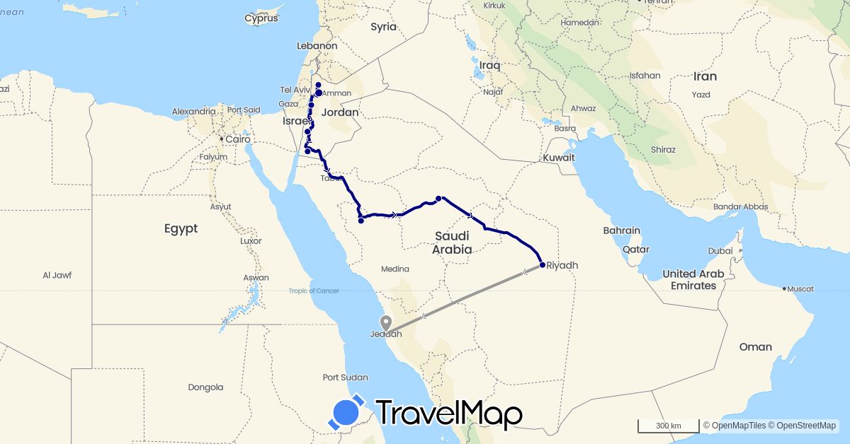 TravelMap itinerary: driving, plane in Jordan, Saudi Arabia (Asia)