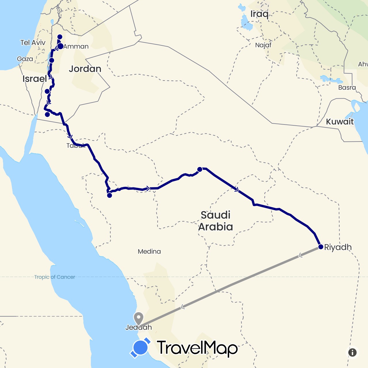 TravelMap itinerary: driving, plane in Jordan, Saudi Arabia (Asia)