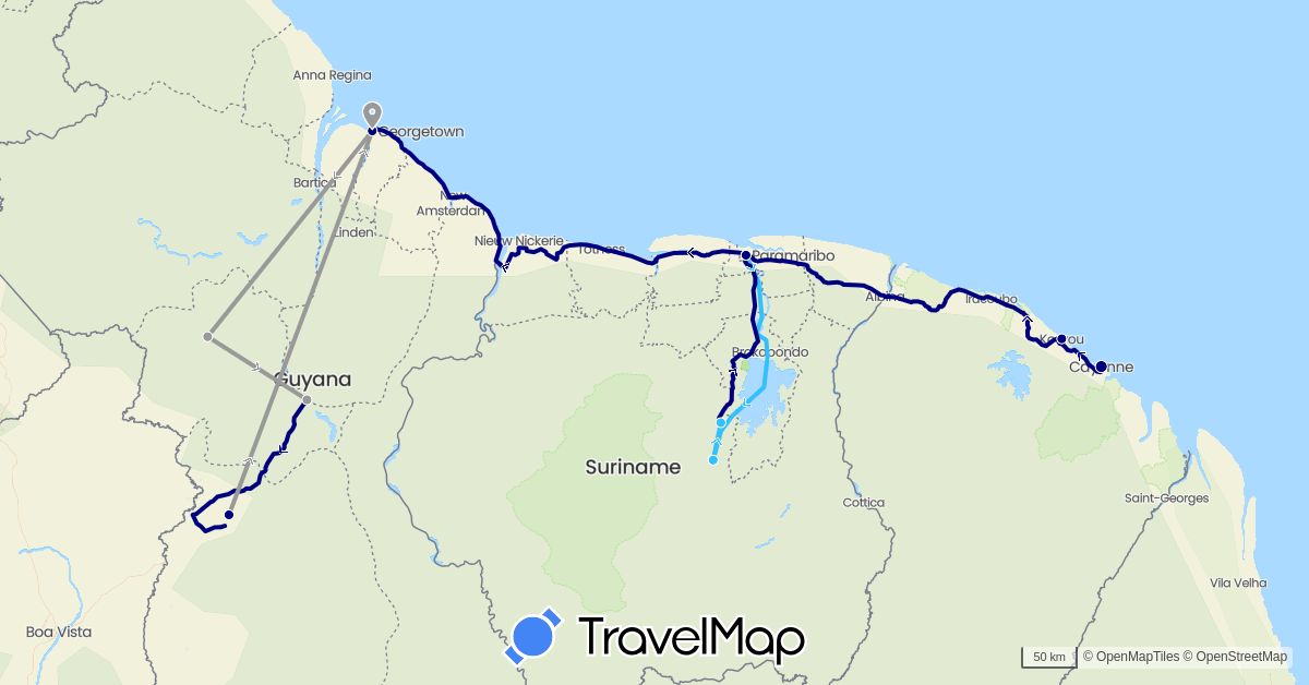 TravelMap itinerary: driving, plane, boat in France, Guyana, Suriname (Europe, South America)