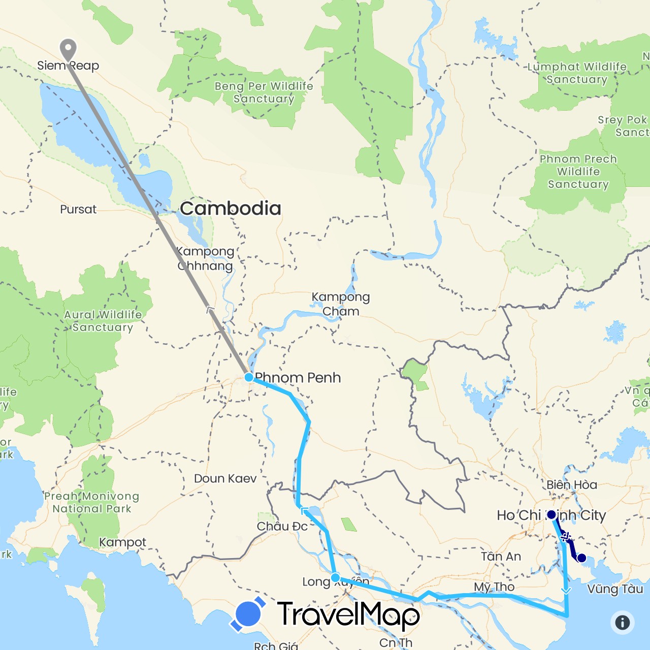 TravelMap itinerary: driving, plane, boat in Cambodia, Vietnam (Asia)