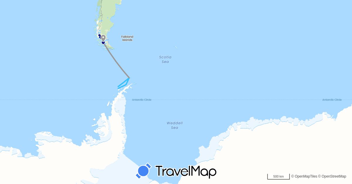TravelMap itinerary: driving, plane, boat in Chile (South America)