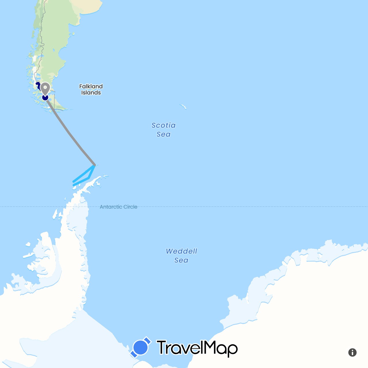 TravelMap itinerary: driving, plane, boat in Chile (South America)