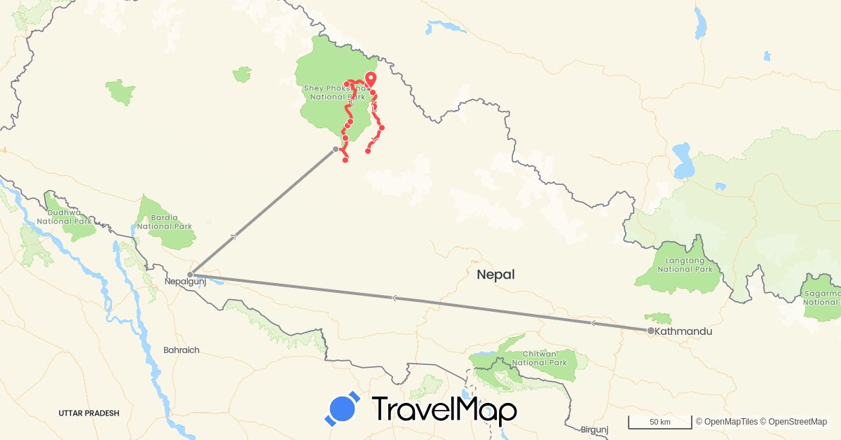 TravelMap itinerary: driving, plane, hiking in Nepal (Asia)