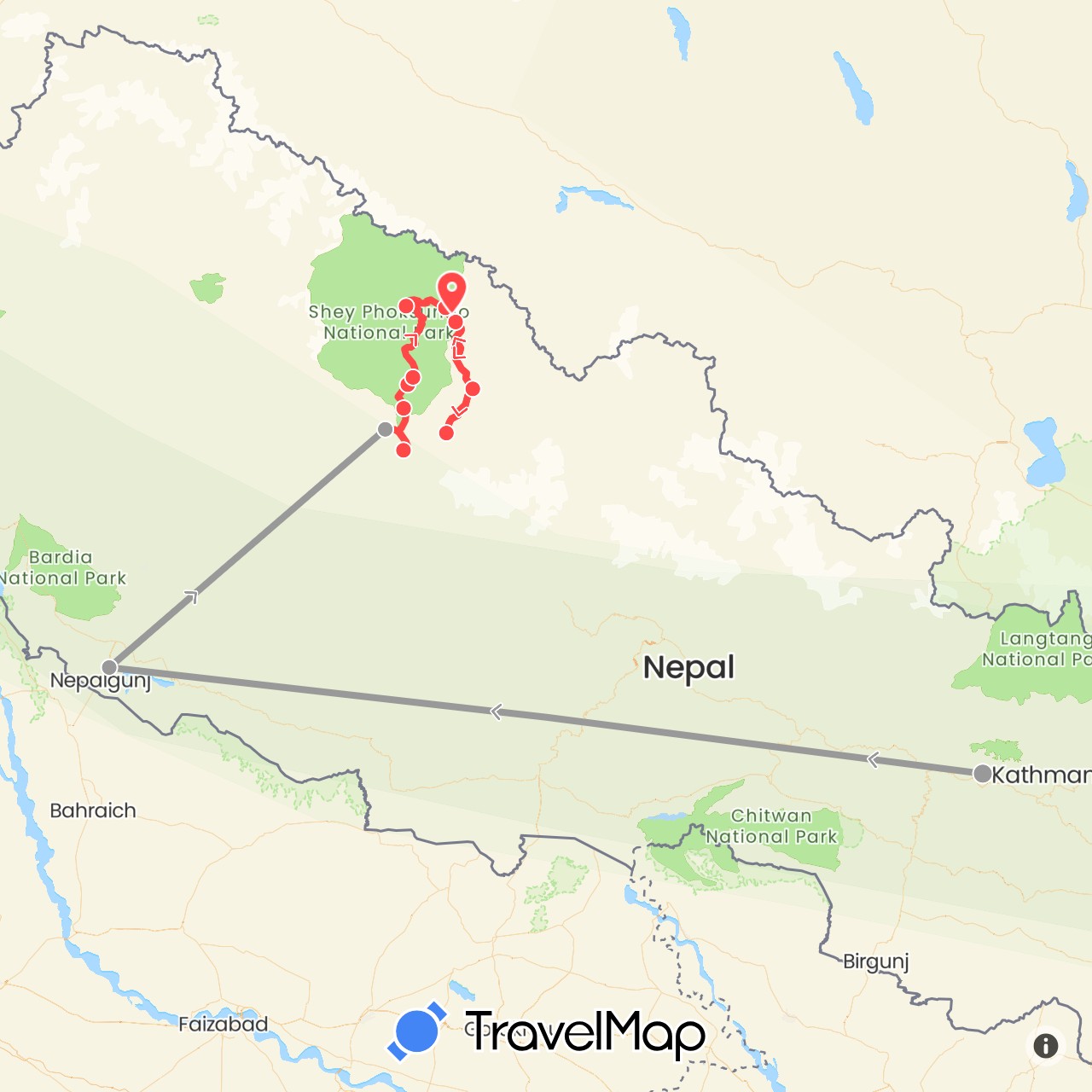 TravelMap itinerary: driving, plane, hiking in Nepal (Asia)