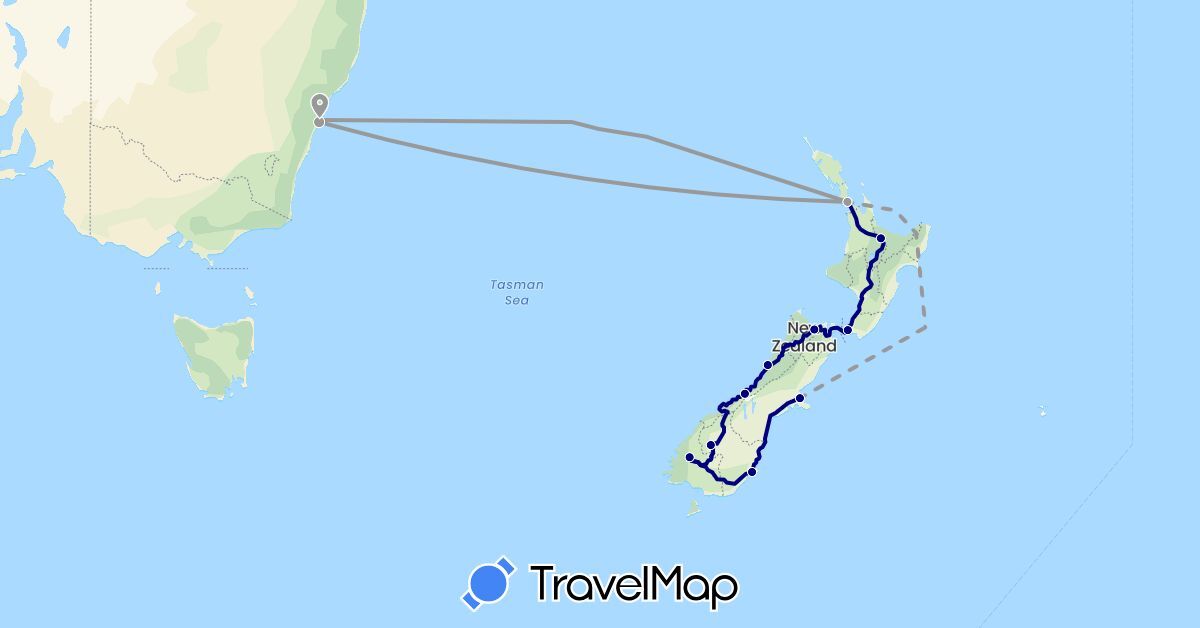 TravelMap itinerary: driving, plane in Australia, New Zealand (Oceania)