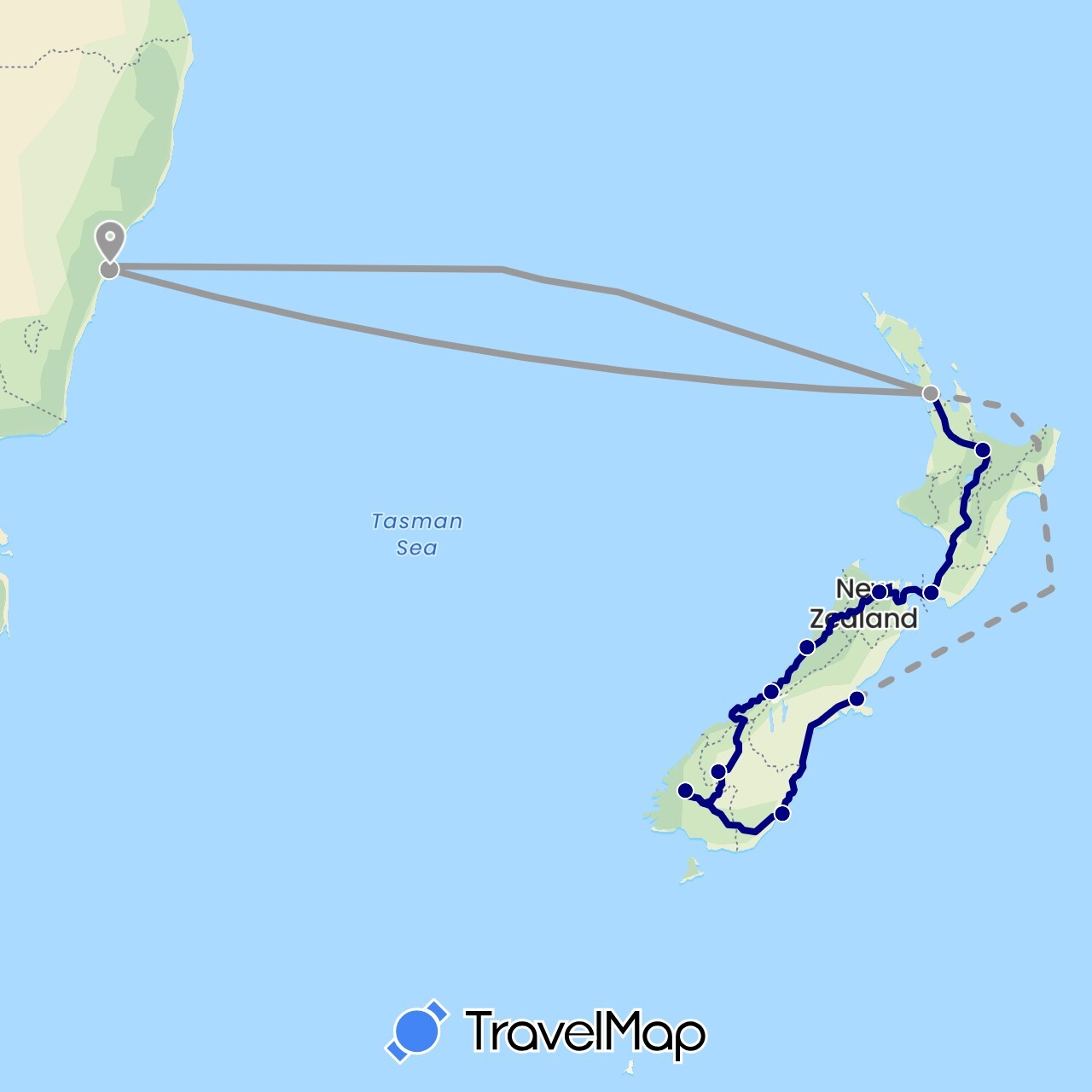 TravelMap itinerary: driving, plane in Australia, New Zealand (Oceania)