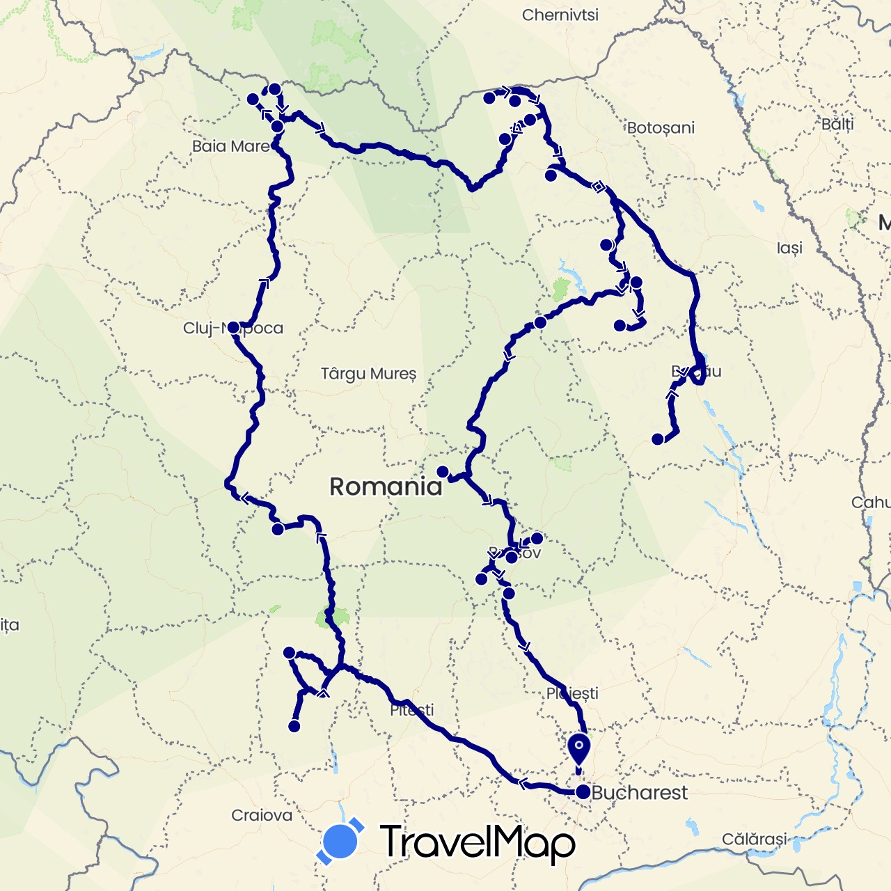 TravelMap itinerary: driving in Romania (Europe)