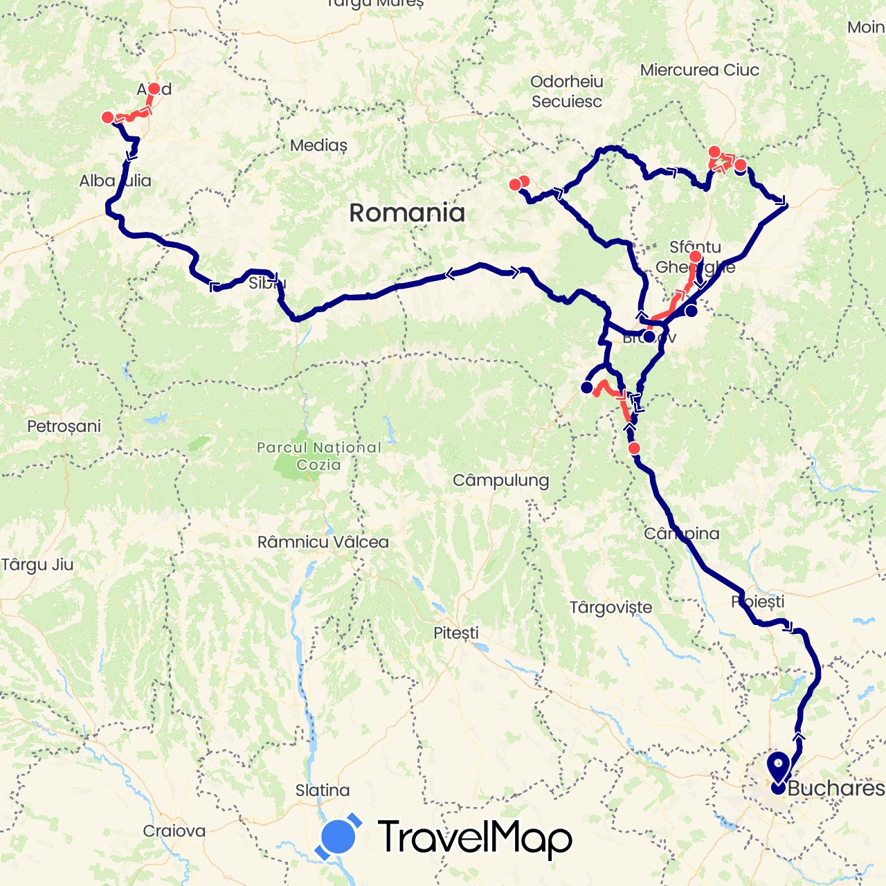 TravelMap itinerary: driving, hiking in Romania (Europe)