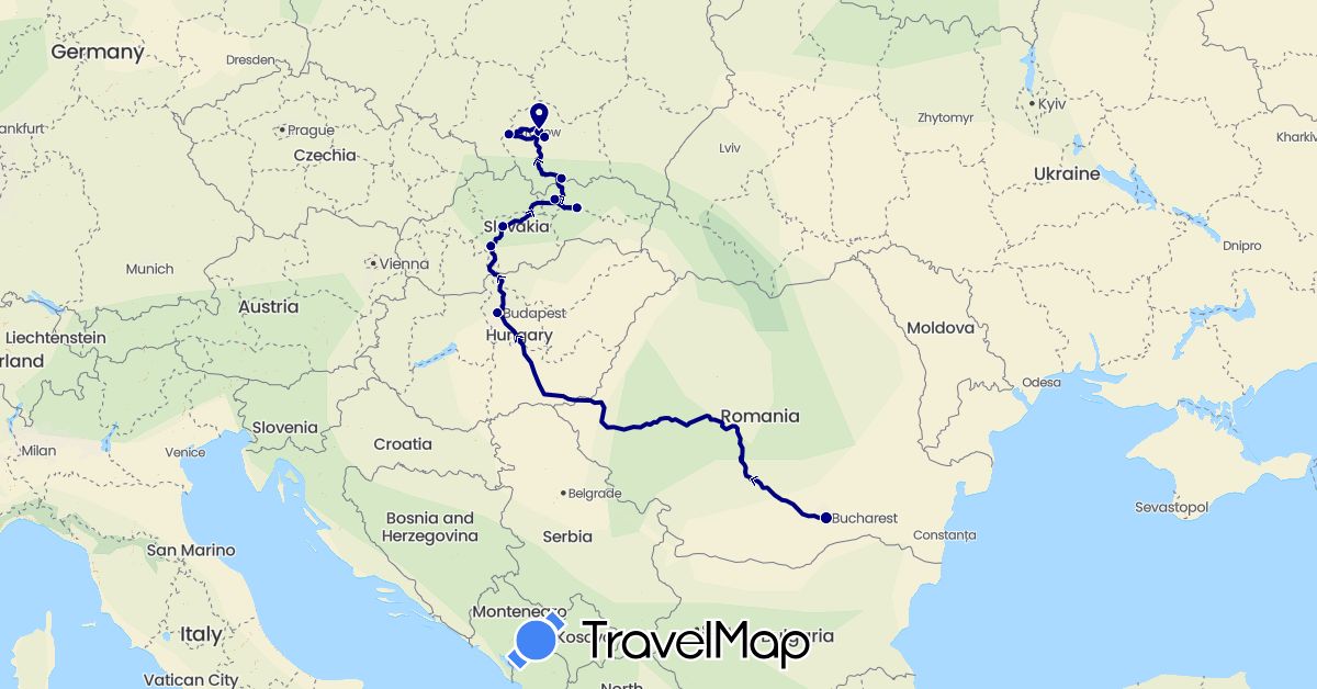 TravelMap itinerary: driving in Hungary, Poland, Romania, Slovakia (Europe)